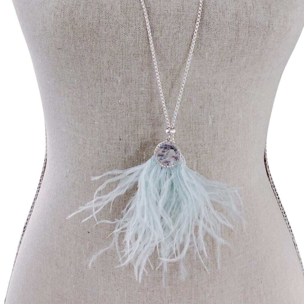 VTG Signed Carol Dauplaise Necklace Silver Tone Light Blue Feathers, Y2K Boho